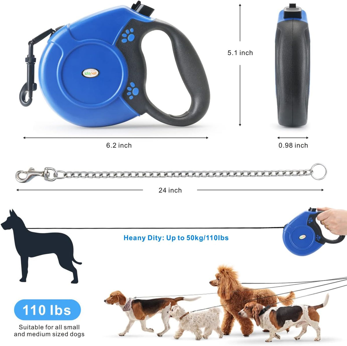 Idepet Heavy Duty Retractable Dog Leash Steel Chain 16ft Pet Leashes