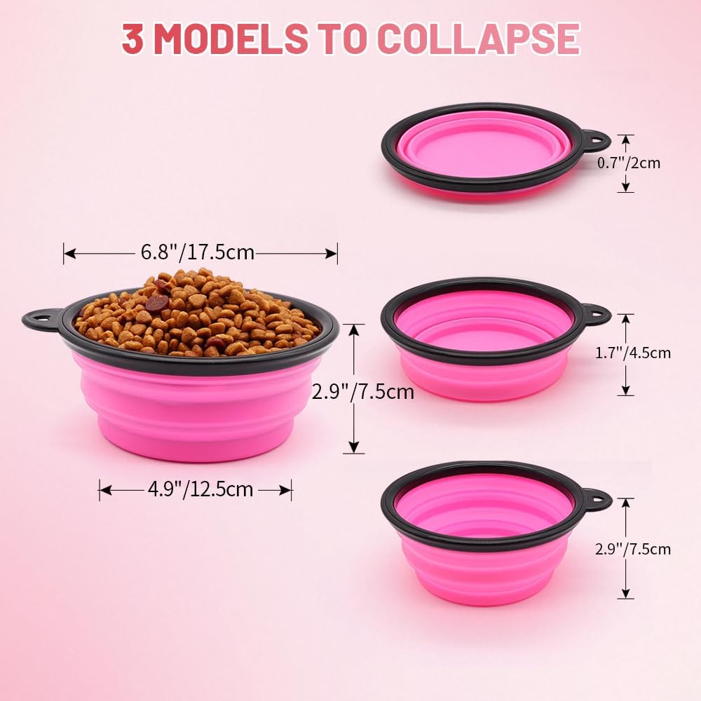 Dog Bowl Pet Collapsible Bowls, 2 Pack Collapsible Dog Water Bowls for Cats Dogs, Portable Pet Feeding Watering Dish for Walking Parking Traveling with 2 Carabiners (Large, Orange+Pink) 