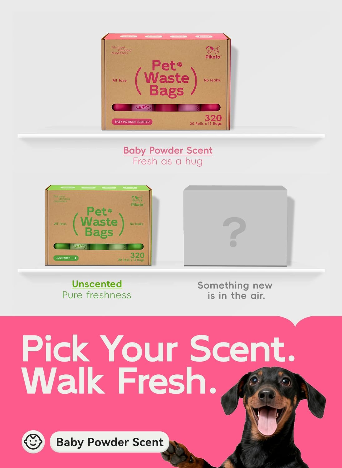 Dog Poop Bags Refill Rolls, 320 Bags, Pink | Baby Powder Scented, Extra Thick, 60% Recycled Plastic, Easy-Peel Sticker, 16 Bags Per Roll, Dual Pink Designs