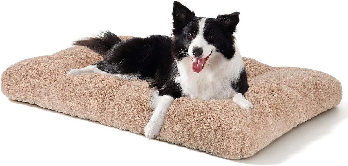 JOEJOY Large Dog Bed Crate Pad, Deluxe Plush Washable Dog Beds Fulffy Soft Kennel Pad Anti-Slip Pet Sleeping Mat for Large Medium Small Dogs, 35" x 23", Beige