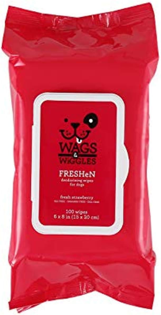Wags & Wiggles Multipurpose Dog Wipes, Fresh Strawberry Scent, 100 Count | Waterless cloths, no SLS parabens or DEA, fresh strawberry scent, paws face and body 