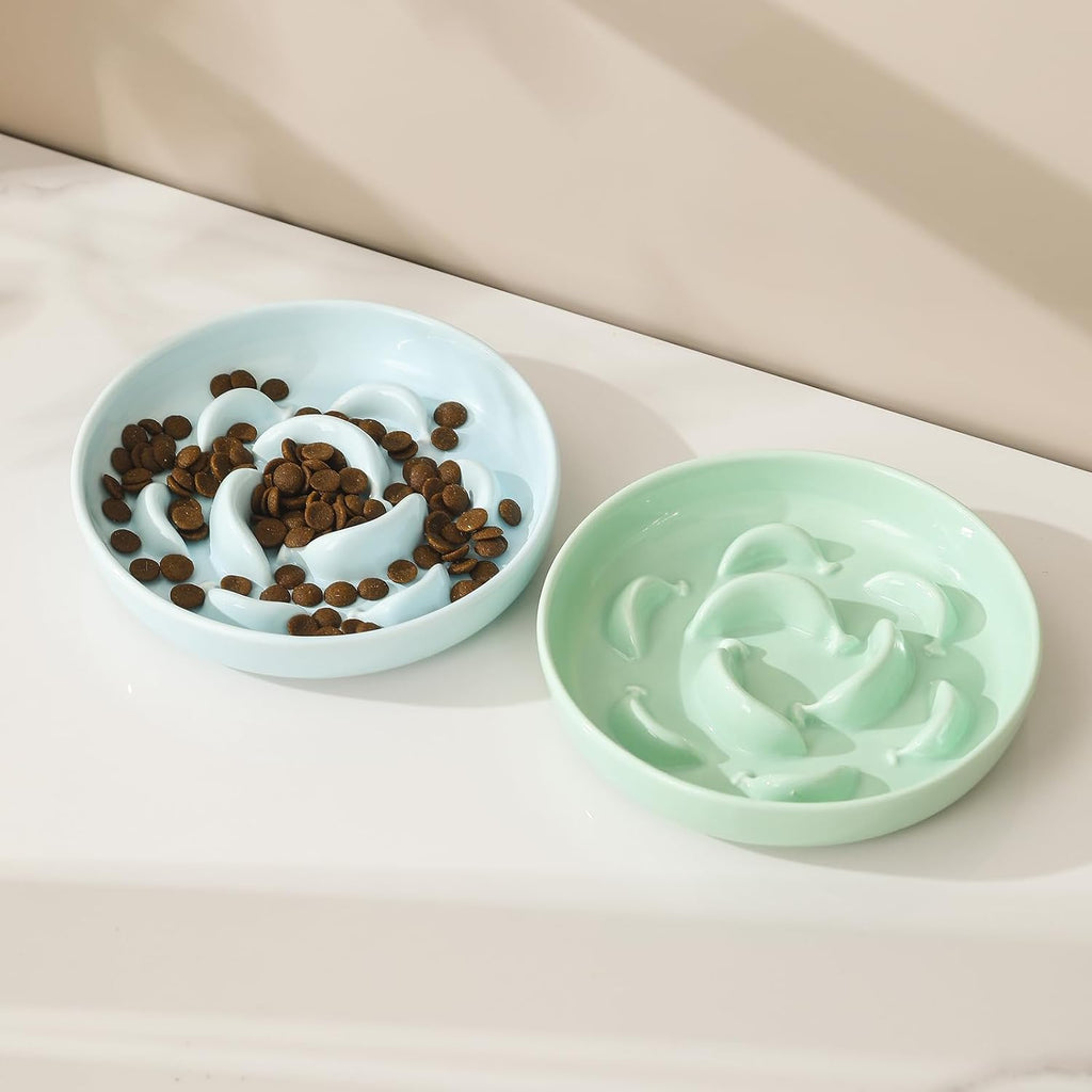 Ceramic Slow Feeder Cat Bowl, 6.3'' Wide Whisker Friendly Cat Puzzle Feeder | Slow Eating 5x, Anti Vomit Shallow Slow Eating Cat Dish for Dry and Wet Food, Microwave and Dishwasher Safe, 6.3" X 1.2"