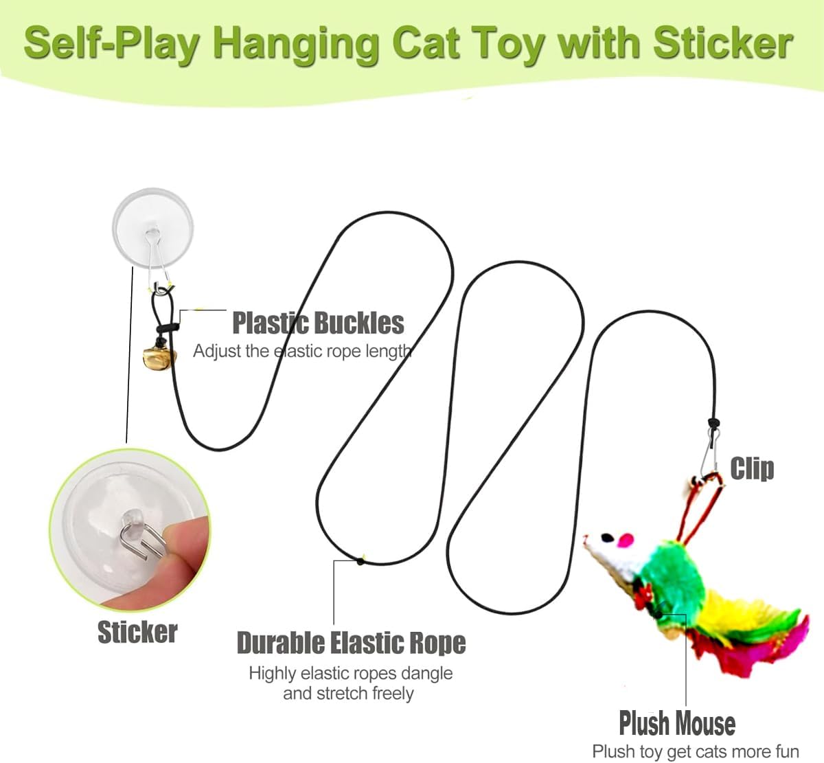Door Hanging Suction Cup Cat Toy with Bell, Interactive Plush Mouse Teaser, Replaceable Refill Hanging Kitten Toy for Indoor Cat Hunting Exercise & Boredom Relief