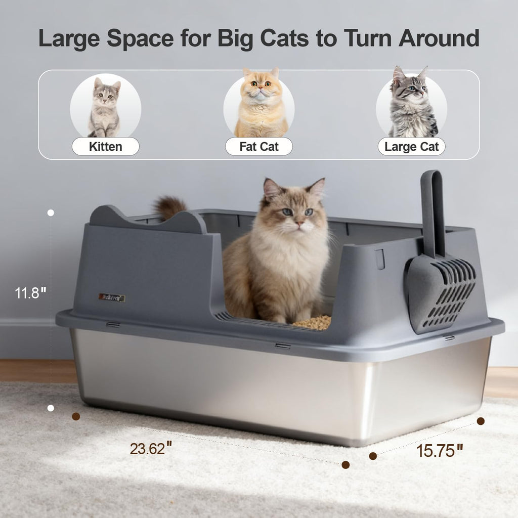 XL Stainless Steel Cat Litter Box for All Cats with High Sides and Scoop