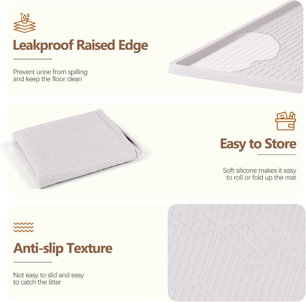 Silicone Cat Litter Box Mat 38'' x 25'' Cat Mat with Toy, White