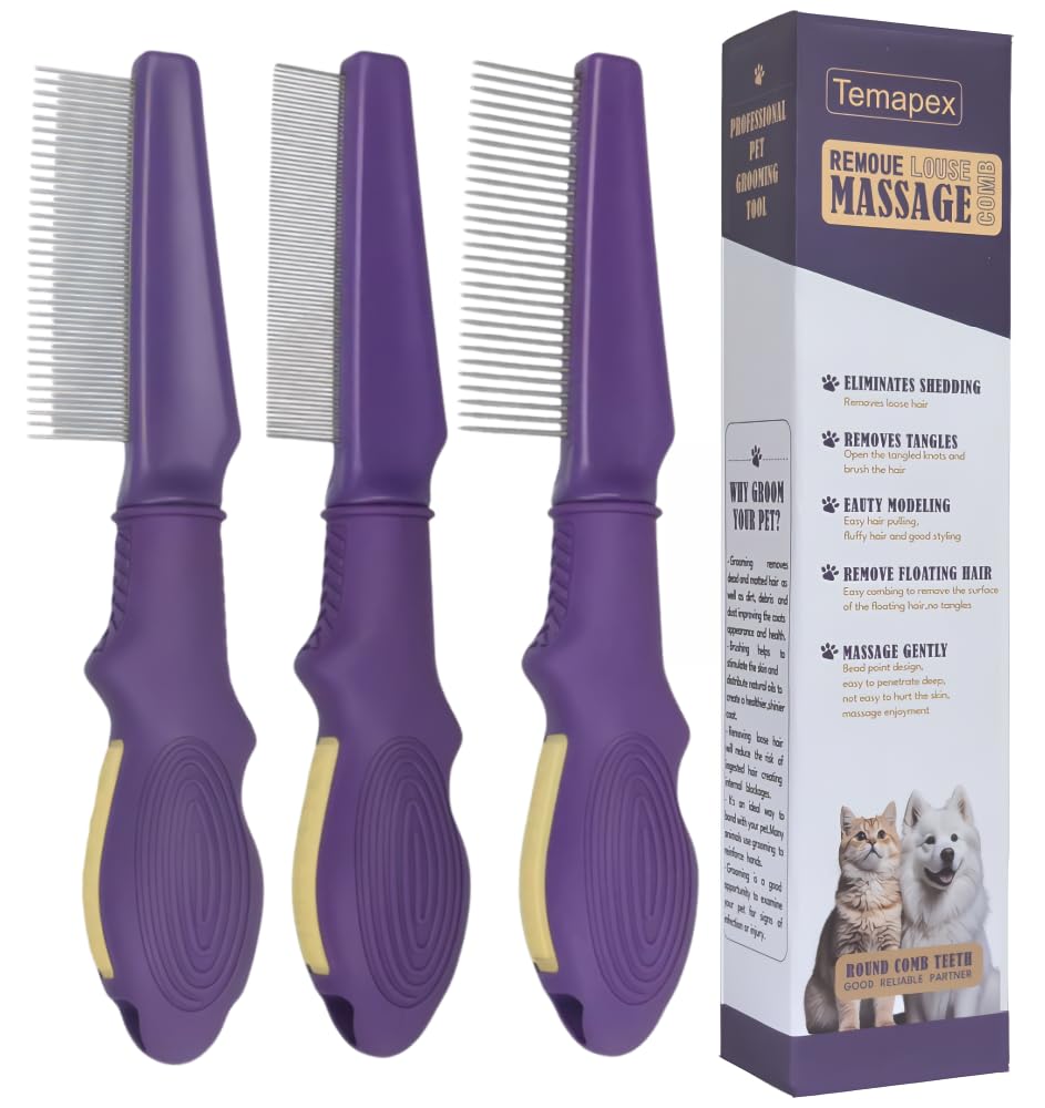 Temapex 3PCS Pet Comb for Grooming Long & Short Haired Cats & Dogs With Stainless Steel Metal Teeth for Removes Tangles & Flea, Non-Slip & Anti-Static Rubber Handle, Safe & Gentle