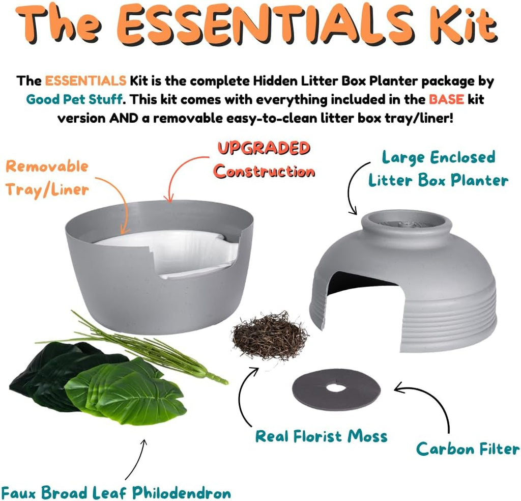 Good Pet Stuff Original Hidden Litter Box Planter, Decorative Cat Litter Enclosure, Carbon Filter, Faux Plant, Round Design, Easy Clean Litter Tray, Essentials Kit, Broad Leaf Plant, Pebble Gray
