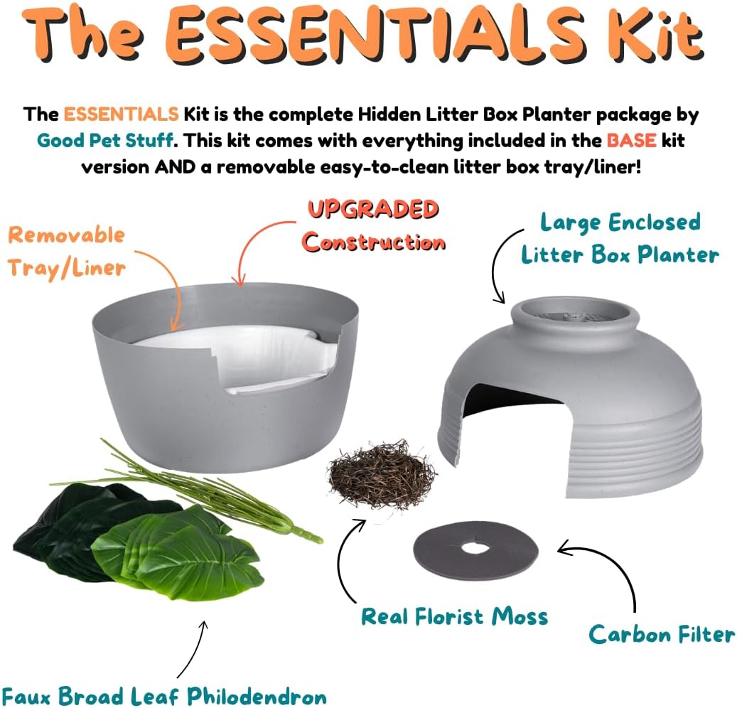 Good Pet Stuff Original Hidden Litter Box Planter, Decorative Cat Litter Enclosure, Carbon Filter, Faux Plant, Round Design, Easy Clean Litter Tray, Essentials Kit, Broad Leaf Plant, Pebble Gray