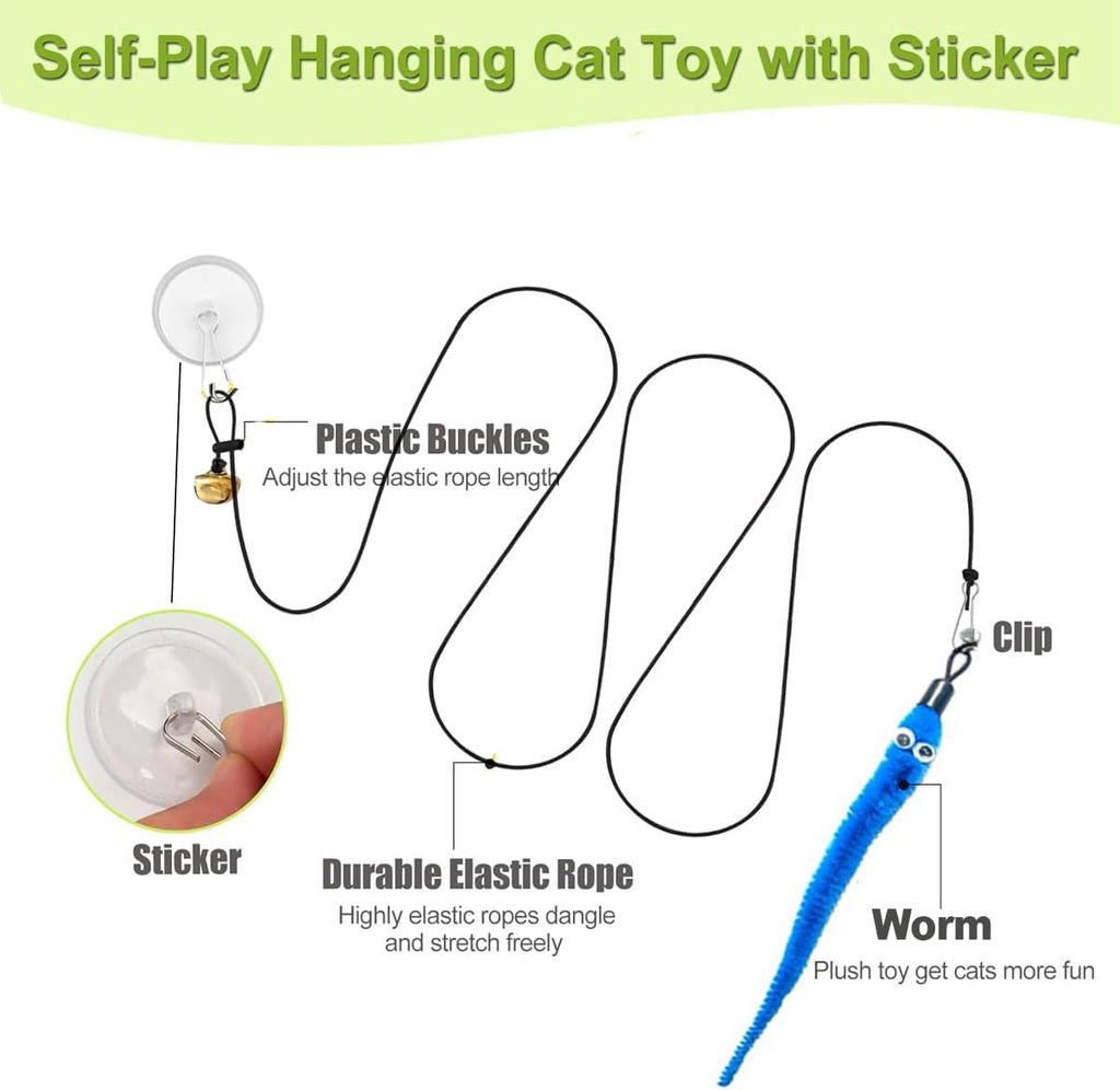 Door Hanging Cat Toys with Suction Cups, Interactive Hanging Feather & Plush Cat Toy with Bell, Assorted Replaceable Refills for Indoor Kitten Hunting Exercise & Boredom Relief (caterpillar)