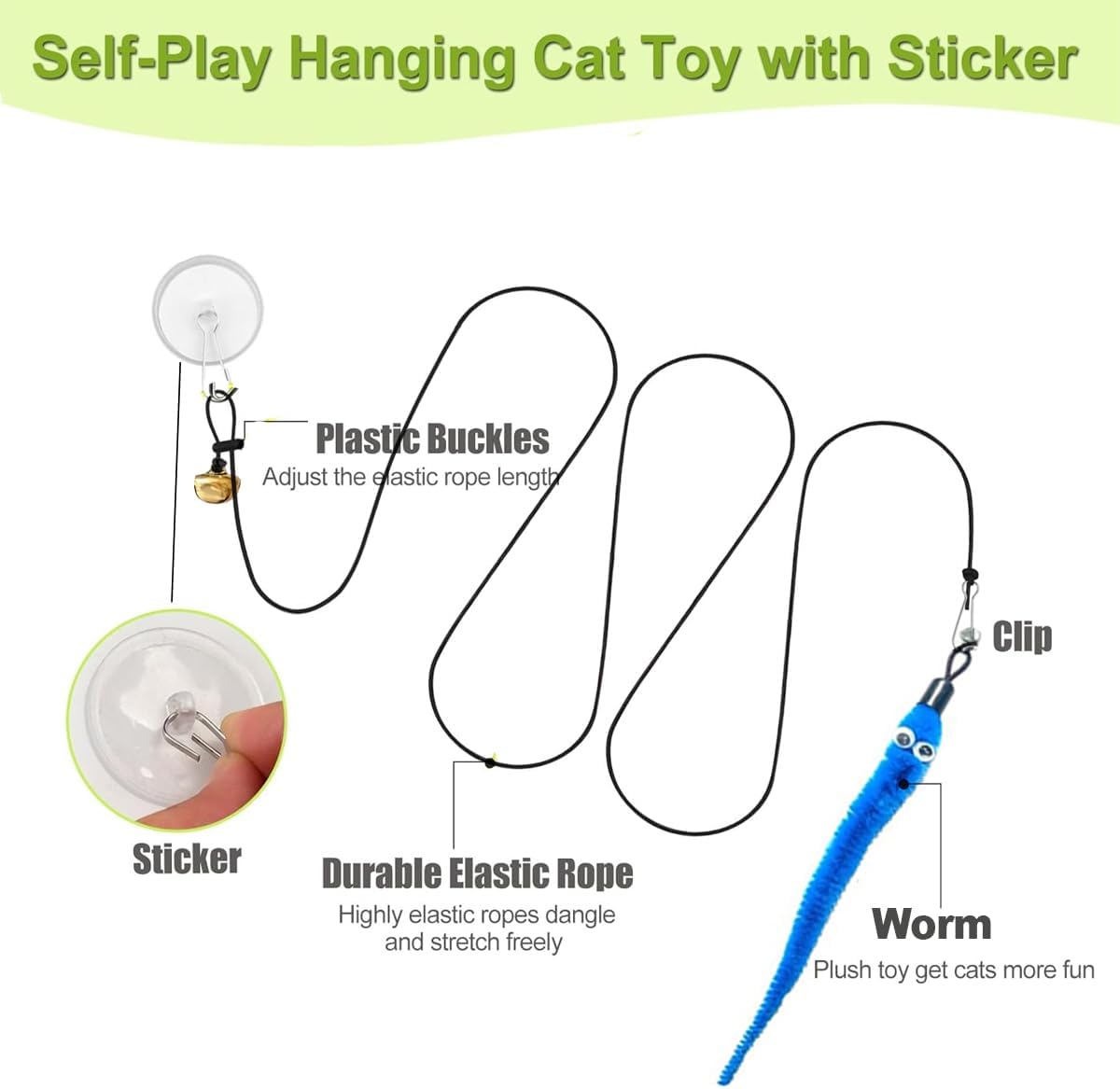 Door Hanging Cat Toys with Suction Cups, Interactive Hanging Feather & Plush Cat Toy with Bell, Assorted Replaceable Refills for Indoor Kitten Hunting Exercise & Boredom Relief (caterpillar)