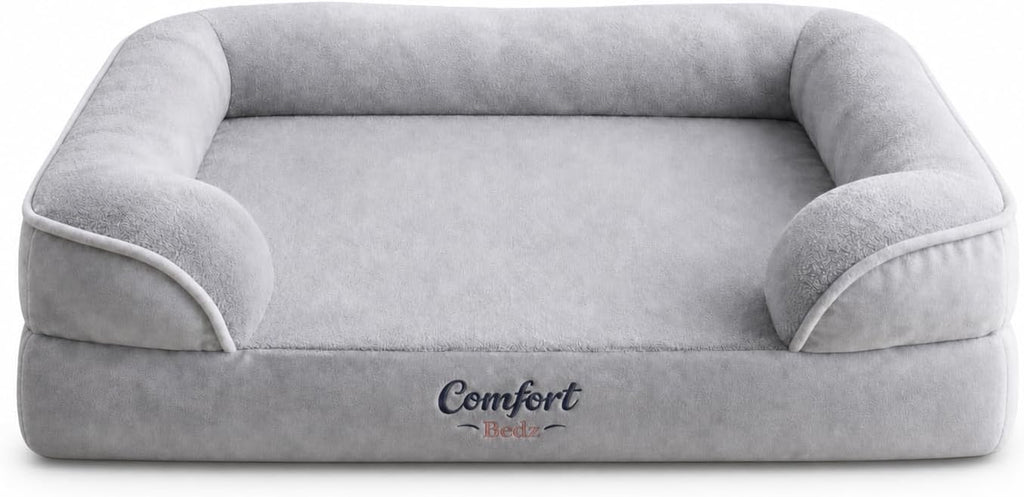Orthopedic Dog Sofa Bed, Gray, Plush, Raised Bolsters, Supportive Foam, for Dogs (Medium)