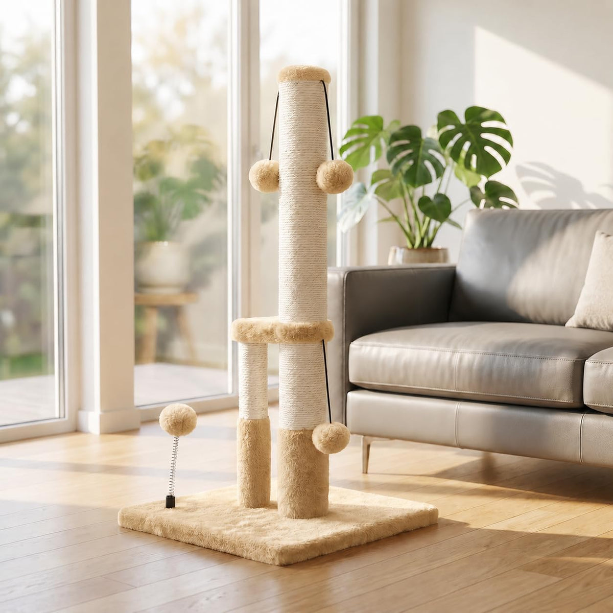 Dimaka Tall Cat Scratching Post, Double Lower Posts Extra Stable Cat Post Tree Scratcher with Sisal Rope and Teasing 4 Balls Total Large Base (Light Brown)