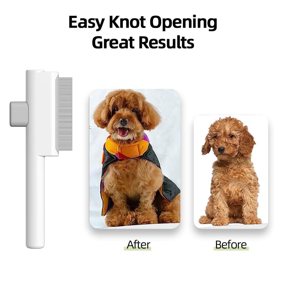 Marchul 2 Pack Self-Cleaning Pet Grooming Comb Set, Cat & Dog Flea Brush with One-Click Release Button, Stainless Steel Round Teeth Comb for Removing Tangles, Loose Fur and Shed Hair, White