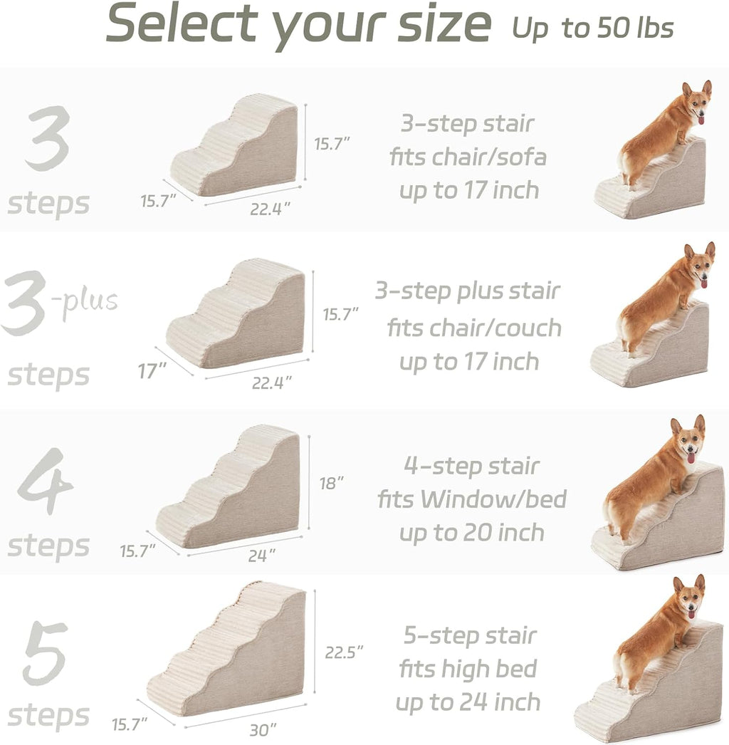 Laojin Balhen Dog Stairs for Small Dogs & Cats 15.7" H, High Density Foam Dog Steps Ramp for Couch Sofa and Chair, Widened 3-Step Pet Stairs with Non-Slip Bottom and Remove Washable Cover, Beige