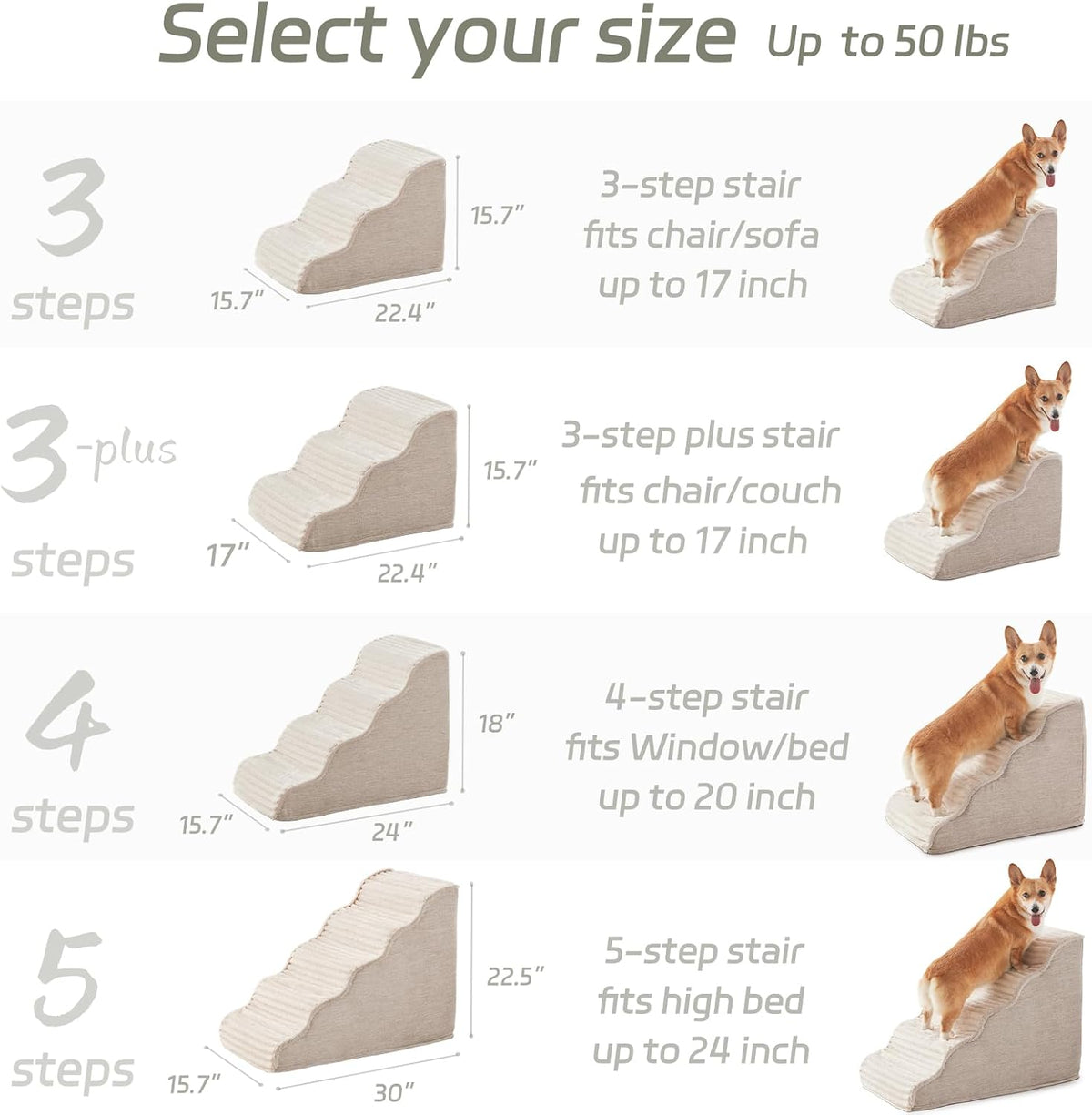 Laojin Balhen Dog Stairs for Small Dogs & Cats 15.7" H, High Density Foam Dog Steps Ramp for Couch Sofa and Chair, Widened 3-Step Pet Stairs with Non-Slip Bottom and Remove Washable Cover, Beige