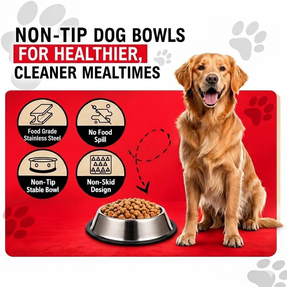 Loving Pets Stainless Steel Non-Tip Dog Bowl – Heavy Duty No Spill Dog Bowl with Removable Rubber Base – Durable, Non-Skid Stainless Steel Dog Food Bowl & Dog Water 