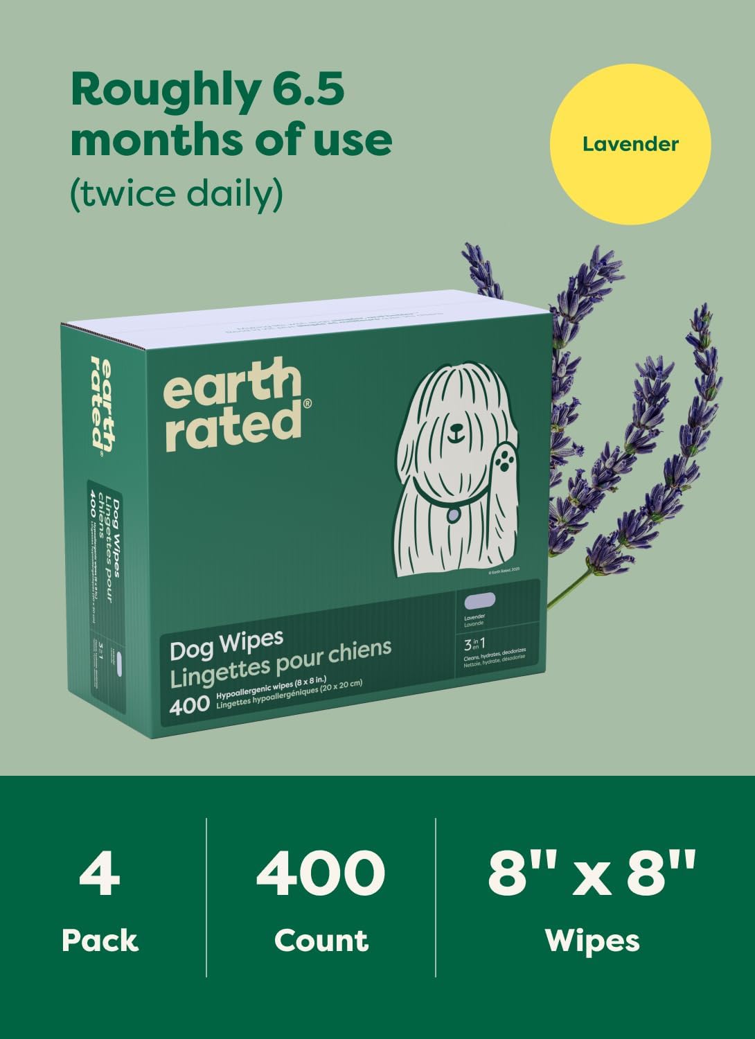 Earth Rated Dog Wipes for Paws & Butt, Deodorizing, Lavender, 400ct | Hypoallergenic, 3-in-1 Cleaning and Hydrating, for Grooming Paws, Body and Butt 