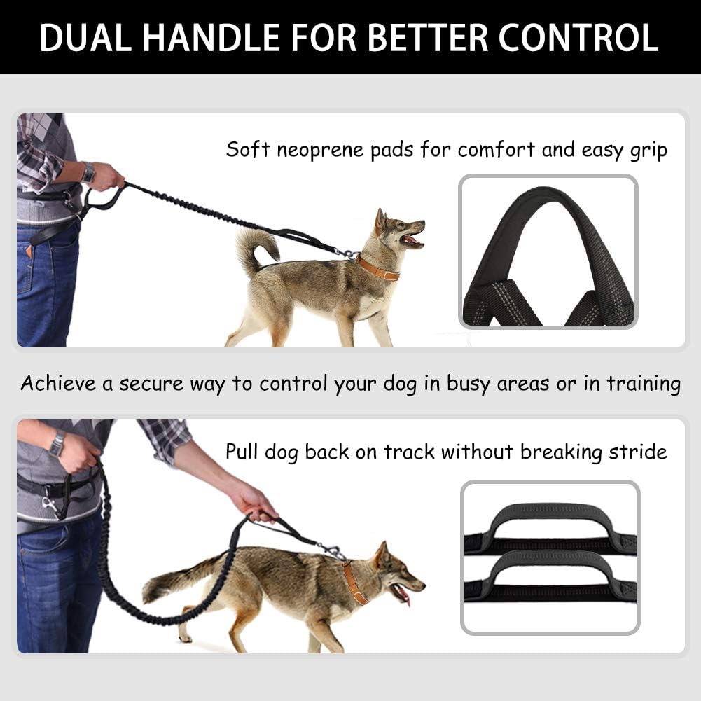 Hands Free Dog Leash, Waist Running Leash with Zipper, Walking Pouch for Medium Large Dogs, Dual Handle and Retractable Bungee for Training Jogging Hiking
