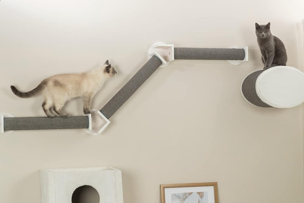 Trixie Cat Wall Furniture Set 2 - Cat Wall Scratcher, Climbing Shelves - 3 Sisal Rope Scratching Posts - Elevated Shelf - Gray/White