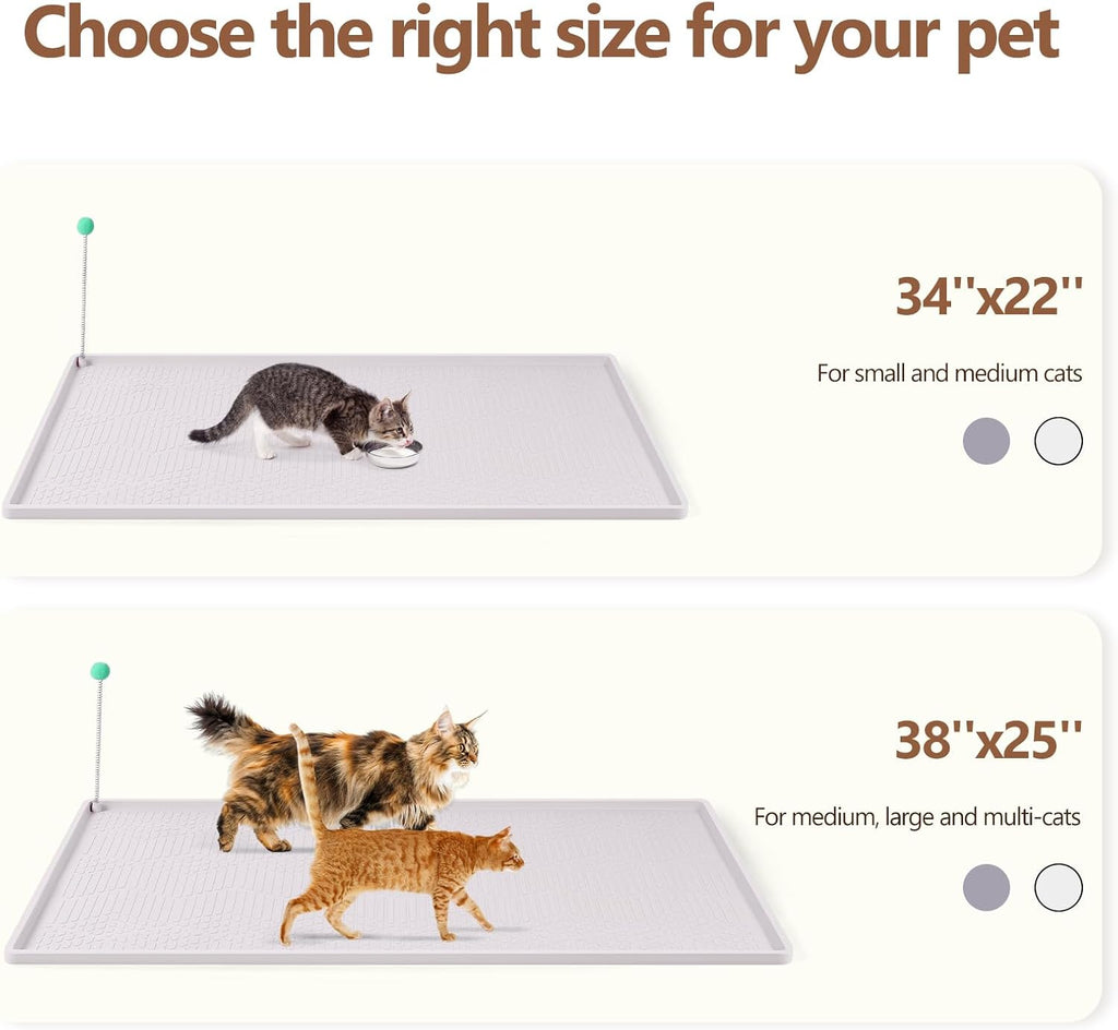 Silicone Cat Litter Box Mat 38'' x 25'' Cat Mat with Toy, White