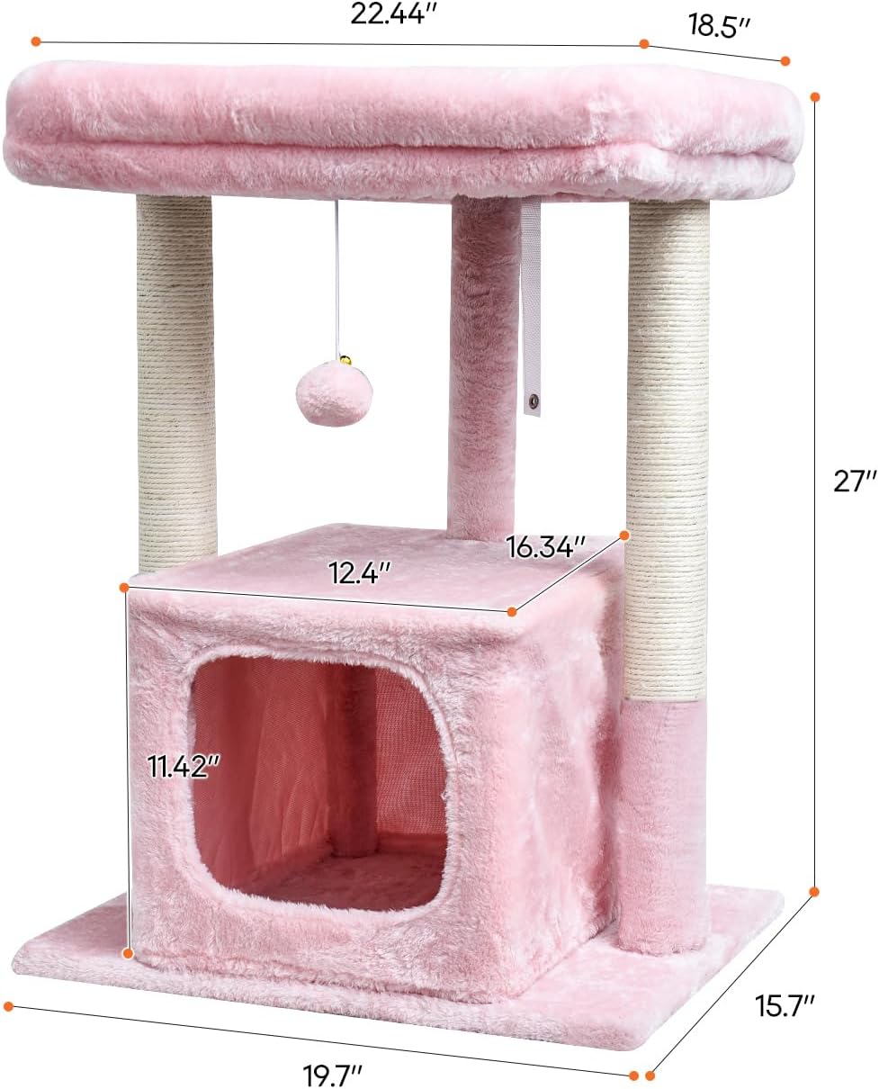 SYANDLVY Pink Cat Tree for Indoor Cats Large Adult, 27" Activity Tower
