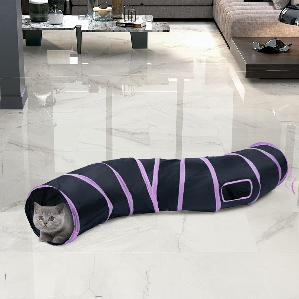 Sheldamy Cat Tunnel, S-2-Way Cat Tunnels for Indoor Cats, Collapsible Cat Play Tunnel, Interactive Toy Maze Cat House with 1 Play Ball for Cats, Puppy, Kitty, Kitten, Rabbit (Pink & Black)