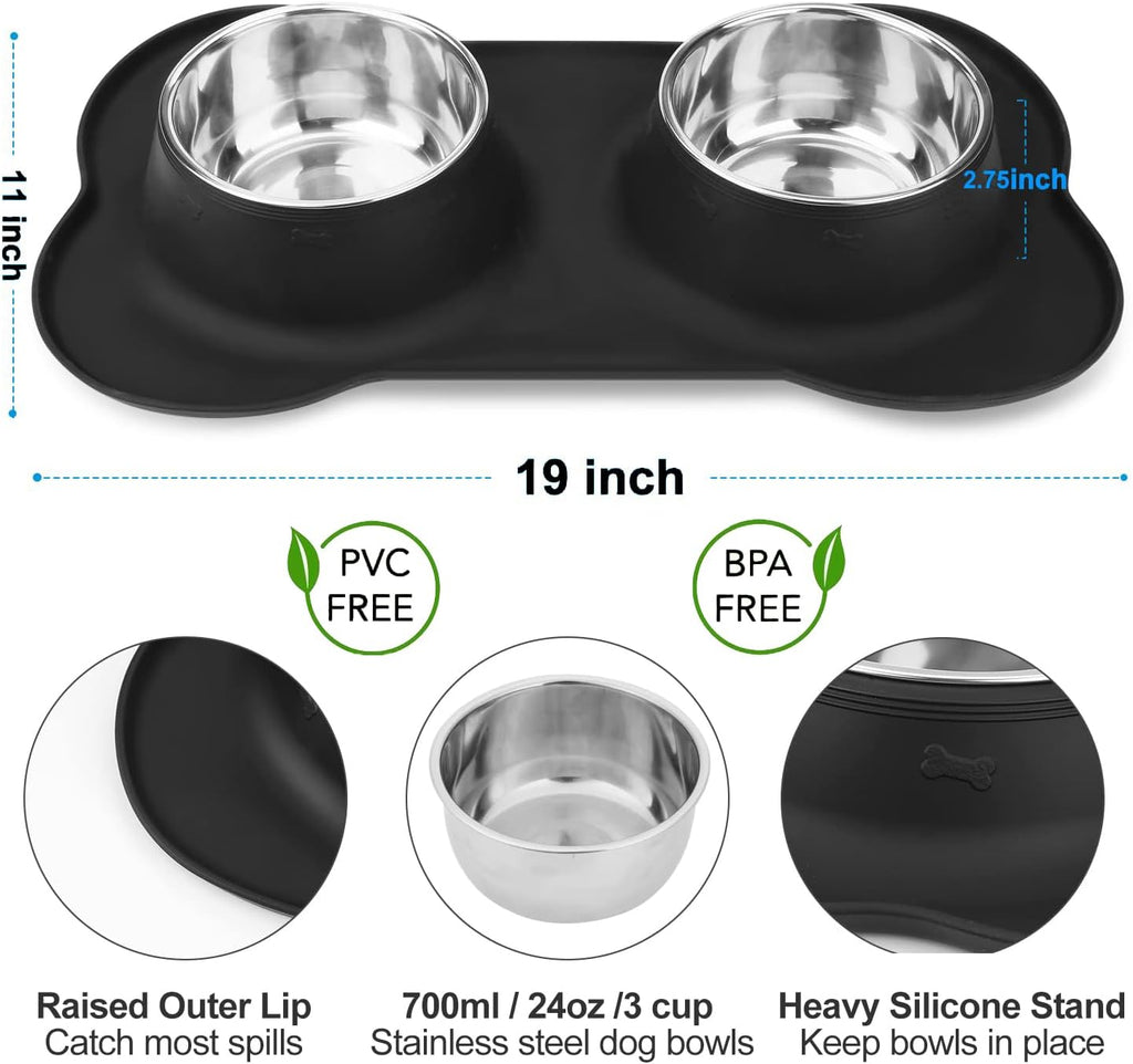 AsFrost Dog Food Bowls Stainless Steel Pet Bowls & Dog Water Bowls No Spill Non Skid, Feeding Bowls with Dog Bowls Silicone Mat for Small Medium Large Size Dogs, Cat Pet Dog Dishes Set, Black, 3 Cup 