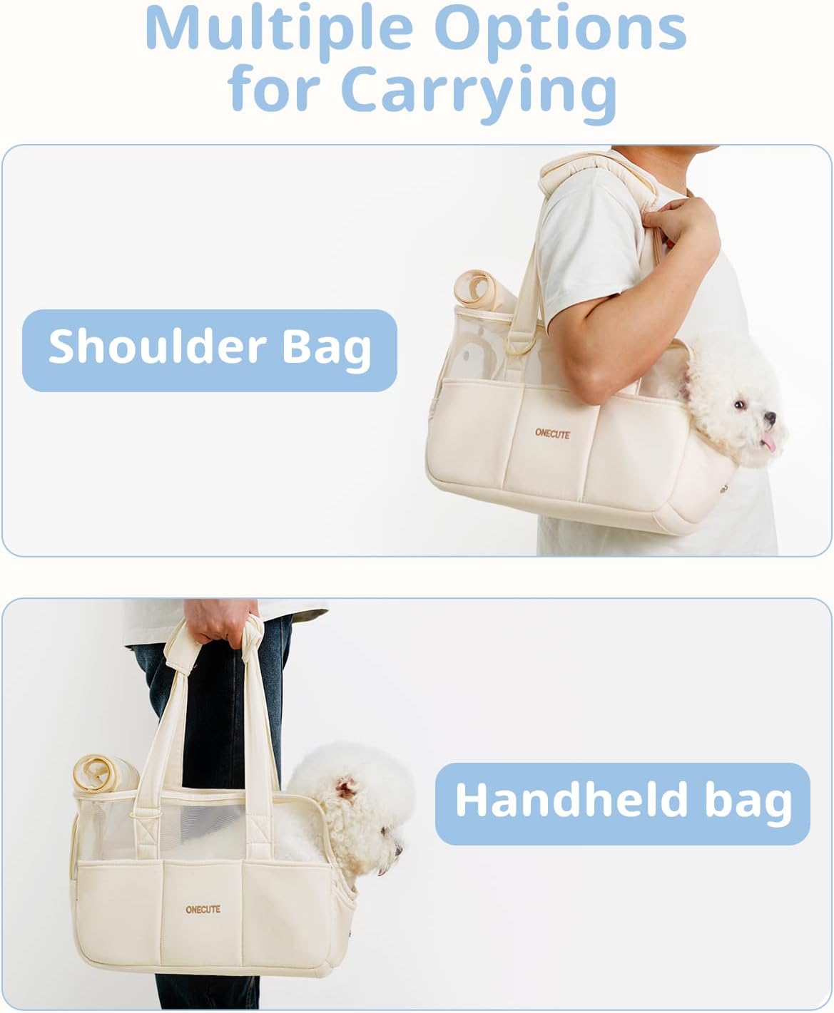 ONECUTE Dog Purse Carrier for Small Dogs Rabbit cat with Large Pockets, Cotton Bag, Dog Carrier Soft Sided, Collapsible Travel Puppy Carrier (Beige Breathable, 17.0" L x 7.5" W x 12.0" H)
