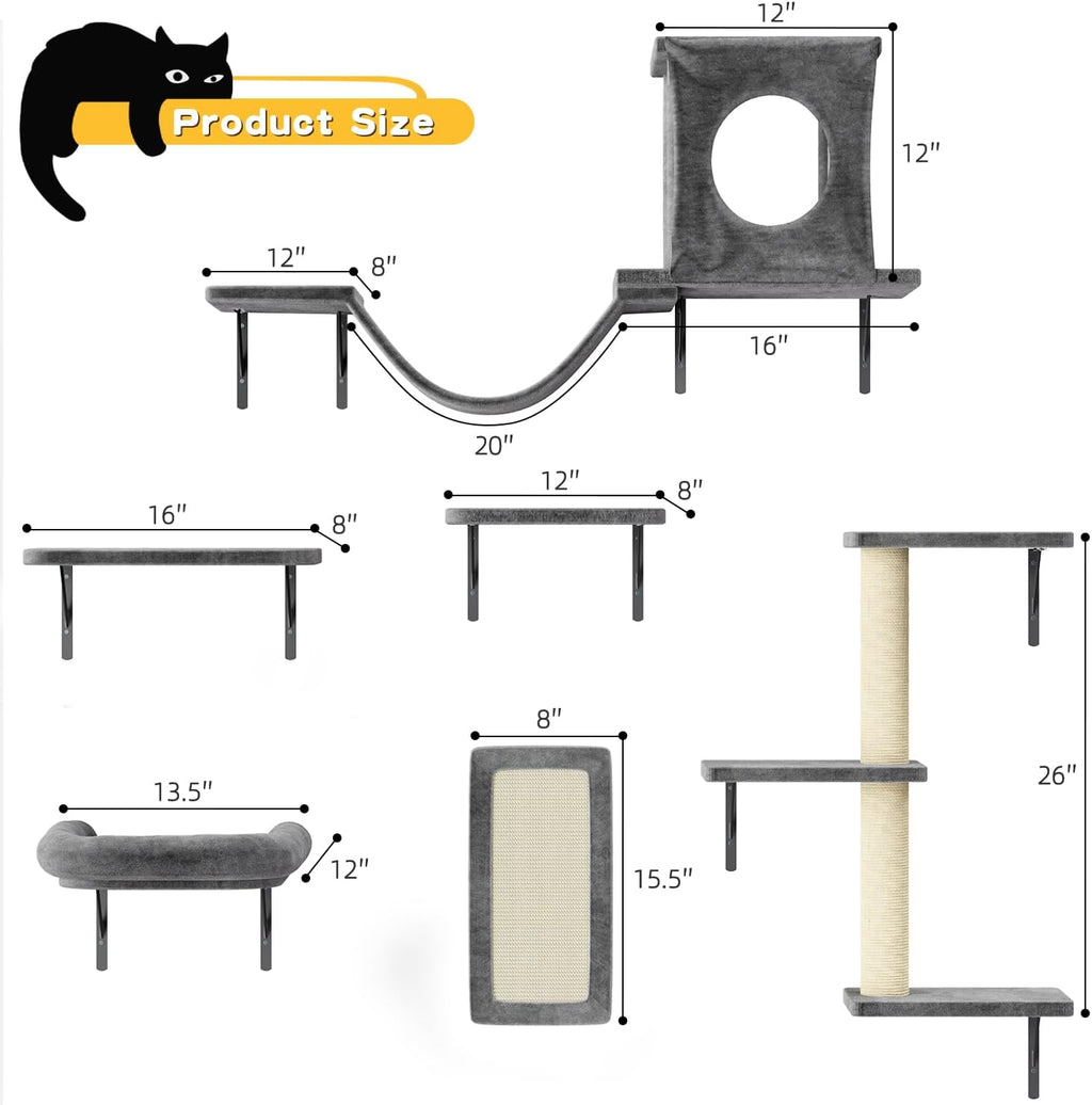 Cat Wall Shelves, 6 Pcs Luxury Wall-Mounted Cat Climber Shelves, Dark Gray