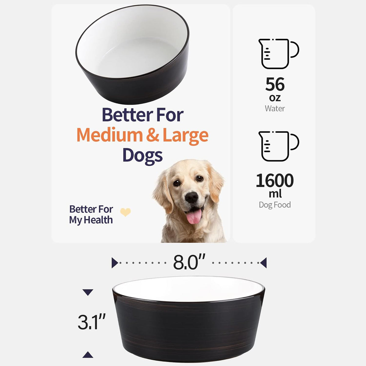 Black Dog Bowl Ceramic for Medium Large Breed, Heavy Weighted Dog Food Water Dish, 8 in Non - Slip Modern Cute Extra Big Porcelain Pet Bowl Maze Wide Mouth