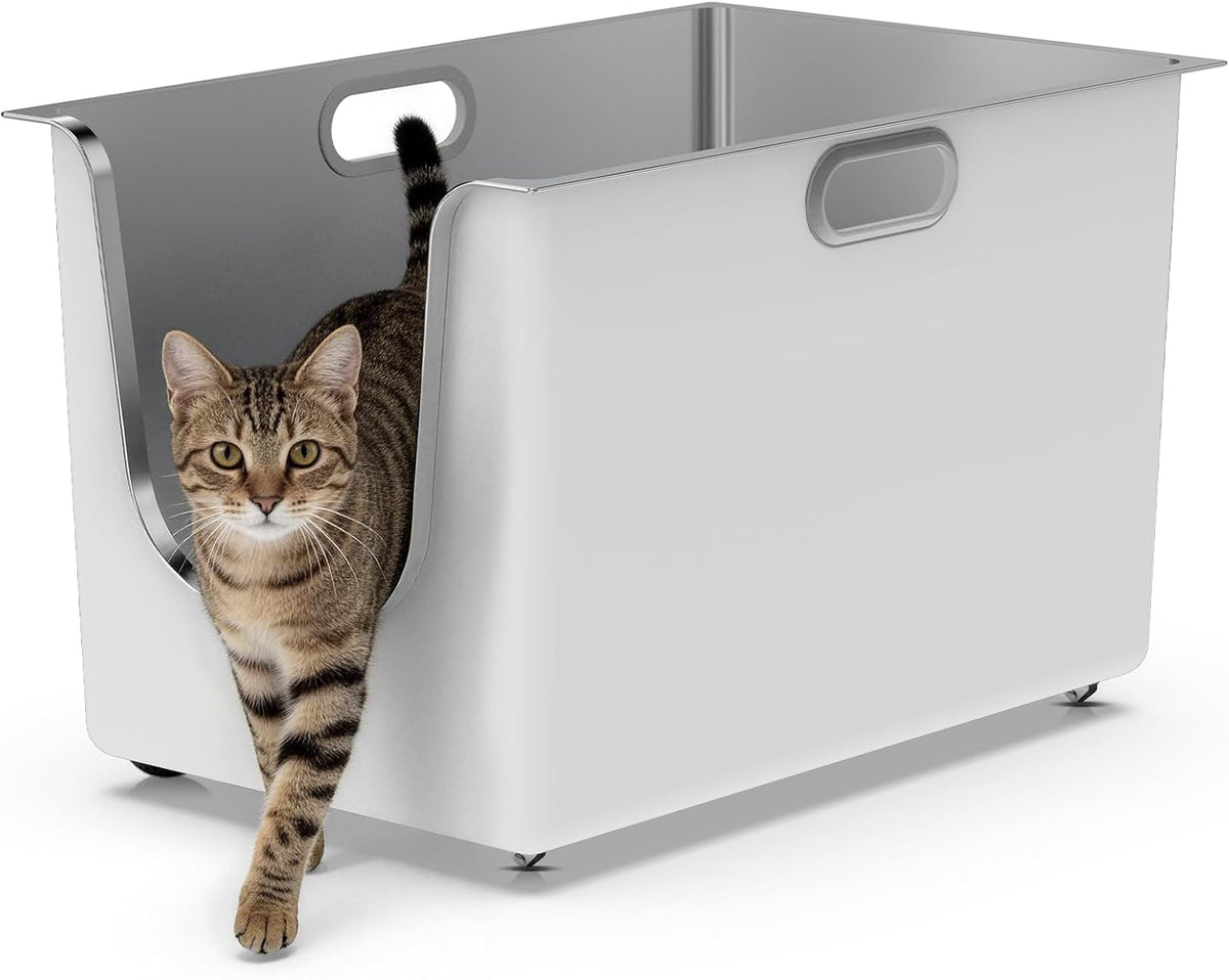 Stainless Steel Litter Box 13.7" High-Side for Big & Multi-Cats Home，White