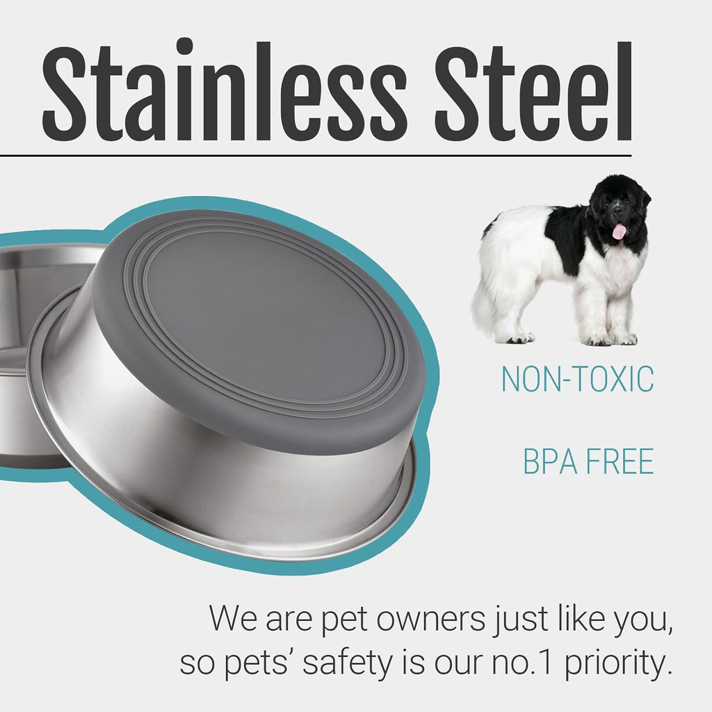 Nonslip Stainless Steel Dog Bowls, 11.4 US Cup, 2 Count | No slide silicone bottom, Dishwasher safe, Easy to clean, Stackable design 