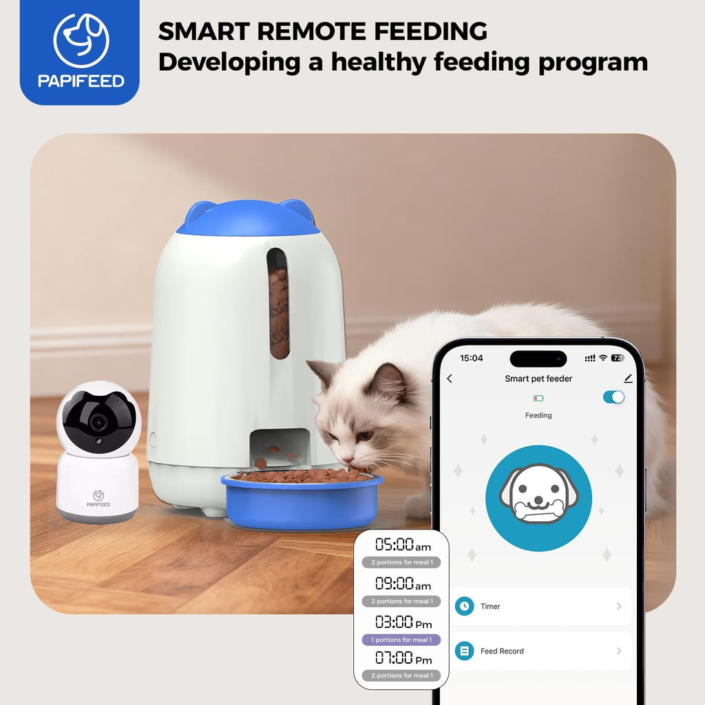 PAPIFEED 2-in-1 Automatic Cat Feeder and Pet Camera Combo, 1080P HD & 360°Pan-Tilt, 3L Cat Food Dispenser with App, 2.4G WiFi Timed Cat Feeder for Dry Food, Automatic Cat Feeder with Camera