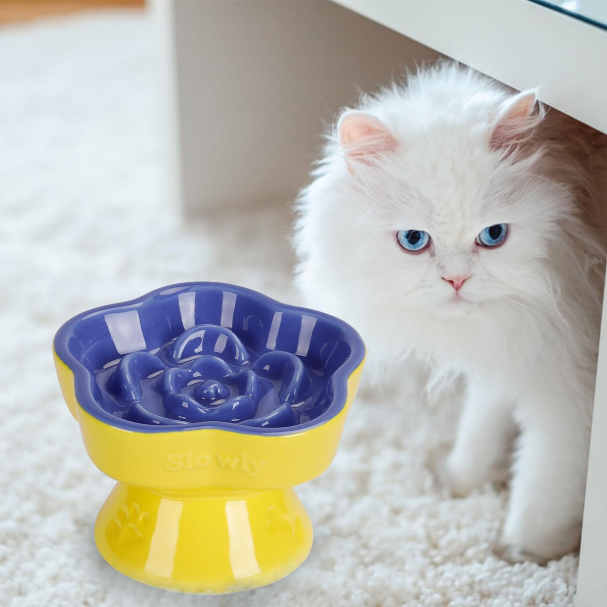 S&Q's CERAMICS Raised Slow Feeder Cat Bowl, Ceramic Elevated and Titled Pet Food Bowl, Small Dogs Slow Feeder, Flower Shaped Dish for Dry and Wet Food (Blue, 5.8")