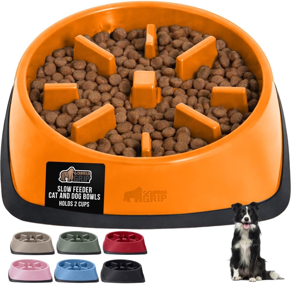 GORILLA GRIP® Patented Slow Feeder Dog and Cat Bowl, BPA Free, 2 Cup Orange