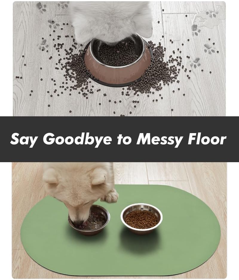 MontVoo Absorbent Dog Food Mat-Dog Mat for Food and Water Bowl | Quick Dry Pet Dish Mat, No Stains & Easy Clean Cat Rug for Messy Drinkers Cat Accessories Pet Supplies, 12"x19", Green