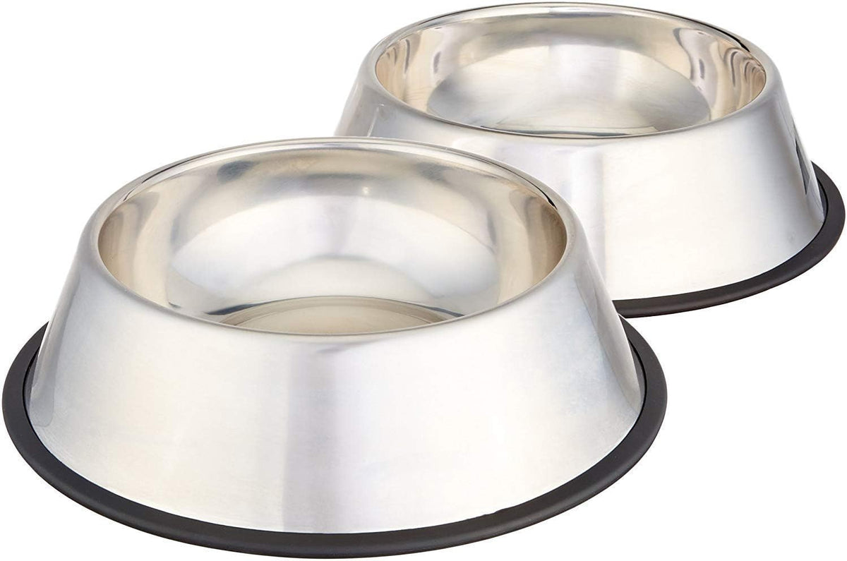 Amazon Basics Stainless Steel Non-Skid Dog Water And Food Bowls, Dishwasher Safe, Rust Resistant, 38oz Capacity, 10 x 2.8 Inches, 2-Pack 