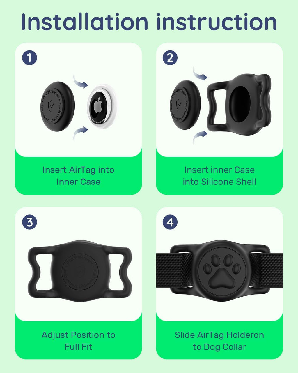 IP68 Waterproof Dog AirTag Holder for Dog Collar, Soft, Stretchy Silicone