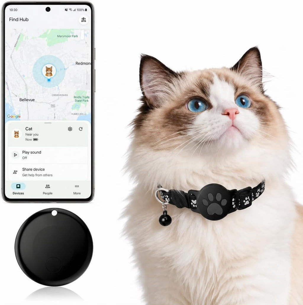 GPS Tracker for Cats, Cat Collar with Tracker for Android Users – No Monthly Fee, Google Find Hub Cat GPS Tracker Collar, IP67 Waterproof, Replaceable Battery Lasts 1 Year (Not Standalone GPS) (Black)