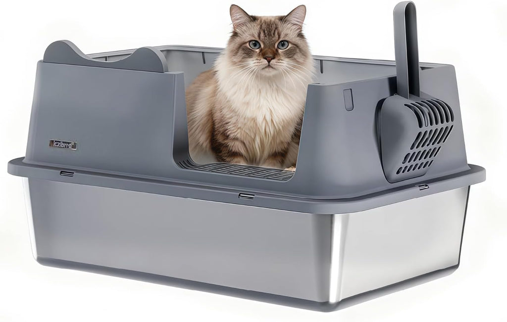 XL Stainless Steel Cat Litter Box for All Cats with High Sides and Scoop