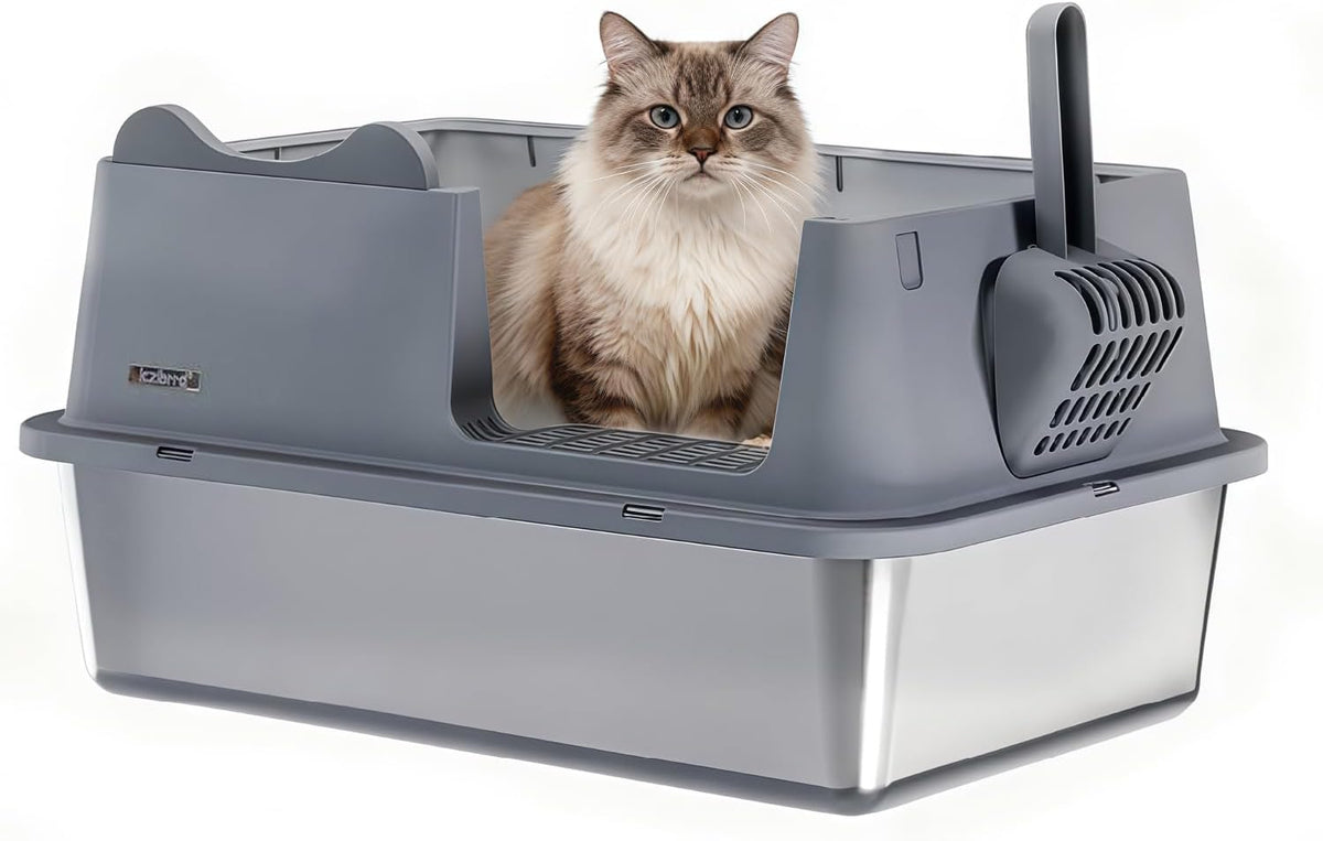 XL Stainless Steel Cat Litter Box for All Cats with High Sides and Scoop