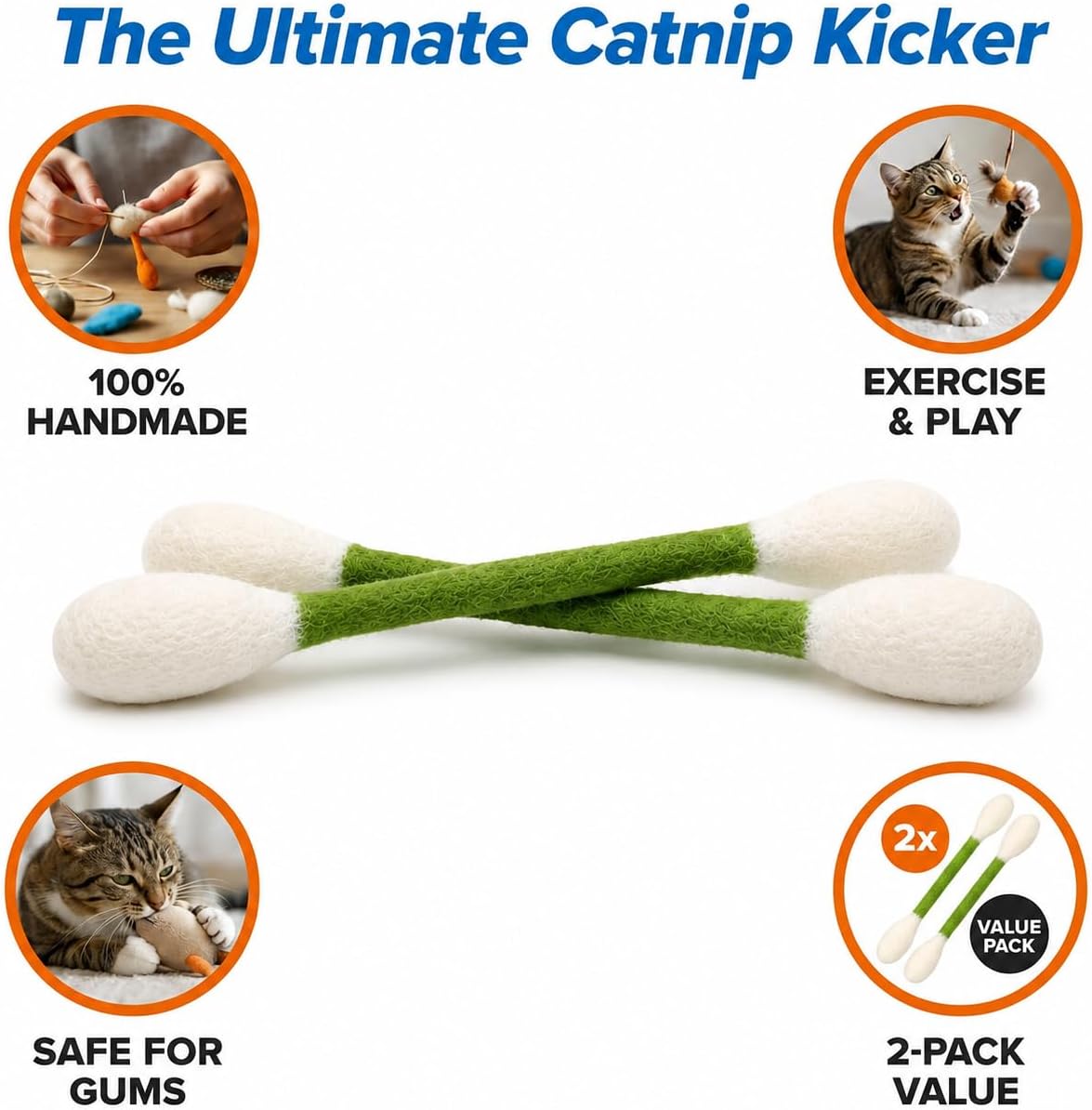 Glaciart One XXL Swabs Cat Toys with Catnip - 2 Pk | Durable for Chew, Cute Cat Toys Interactive Kitty for Boredom, Exercise, & Play | Filled w/Organic Catnip for Anxiety & as Digestive Aid