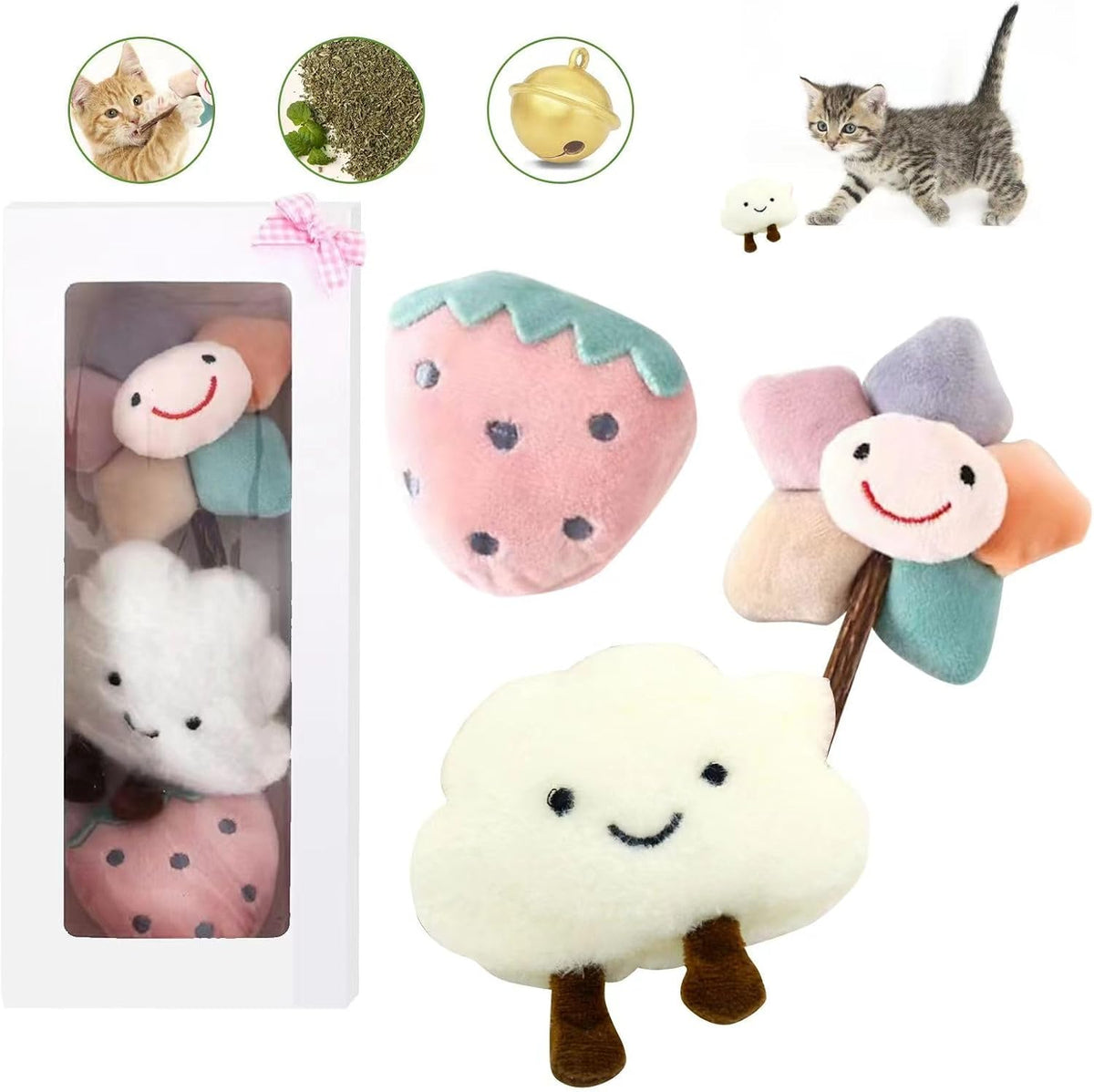 Kitten Chew Toys for Teething with Catnip – 3Pcs Bite Resistant Plush Cat Toys (Strawberry, Cloud Bell, Sunflower Stick)