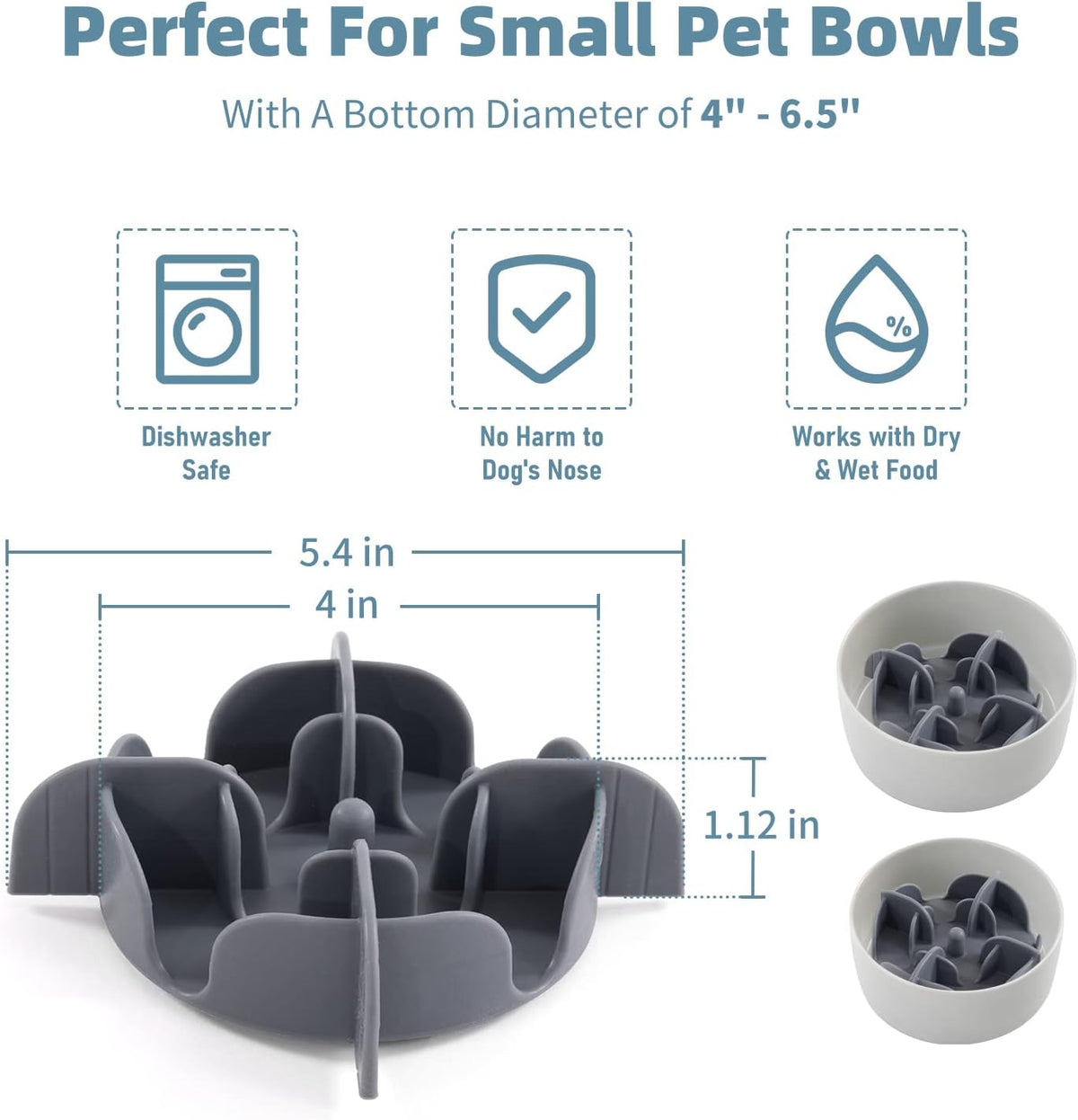 Jaoul Slow Feeder Insert for Small Dogs, Silicone Pet Feeder Accessory with Dividers & Suction Cups, Dishwasher Safe, 5x5 inches, Grey