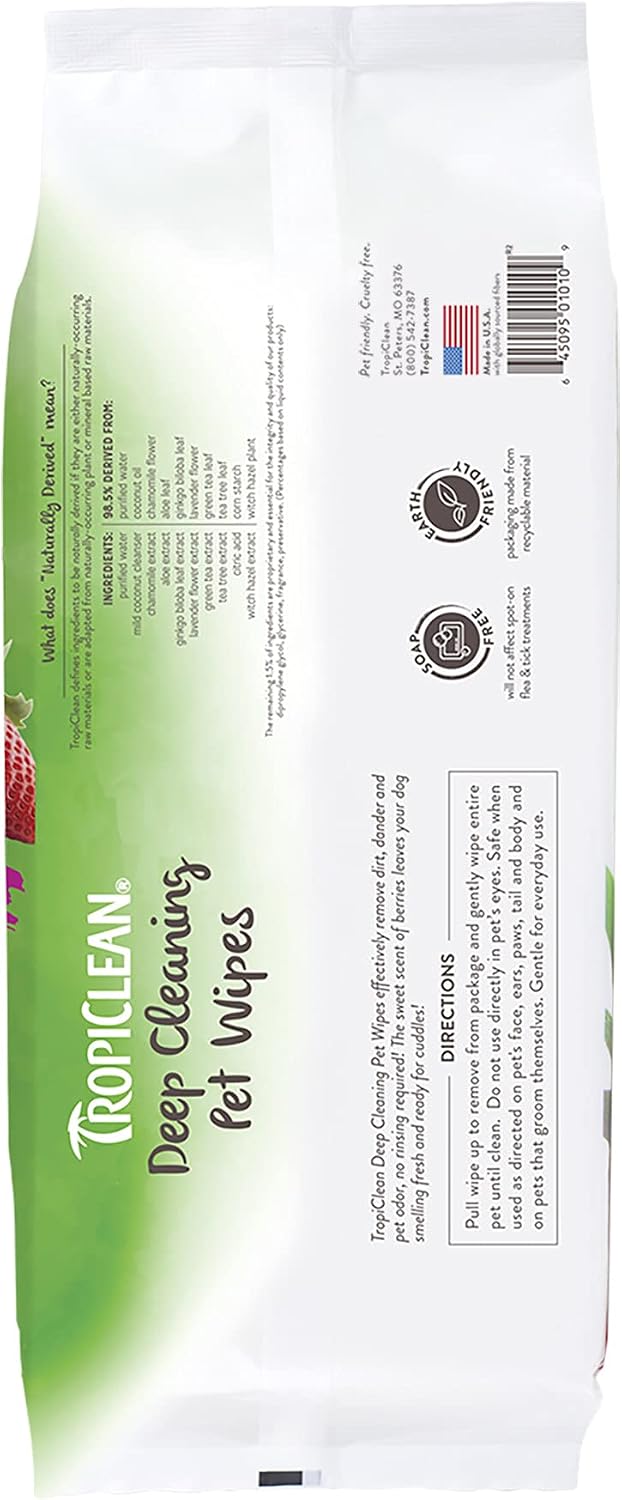 TropiClean Dog Wipes for Cleaning Paws & Tushy, Berry & Coconut Scent,100ct 