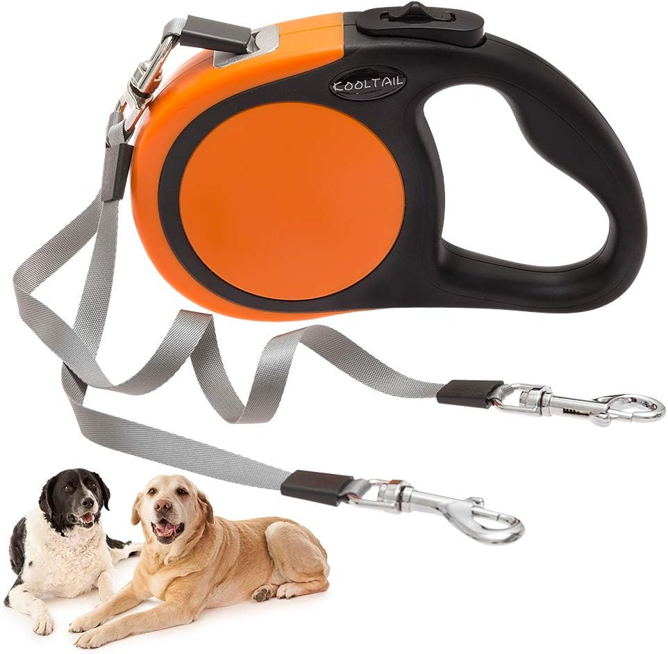 KOOLTAIL Dual Retractable Dog Leash for Two Dogs Up to 110 Lbs, Heavy Duty Double Headed 16 ft Extendable 360° Tangle-Free One Button&Lock Brake Dog Leash for Small Medium Large Dogs PuppyOrange