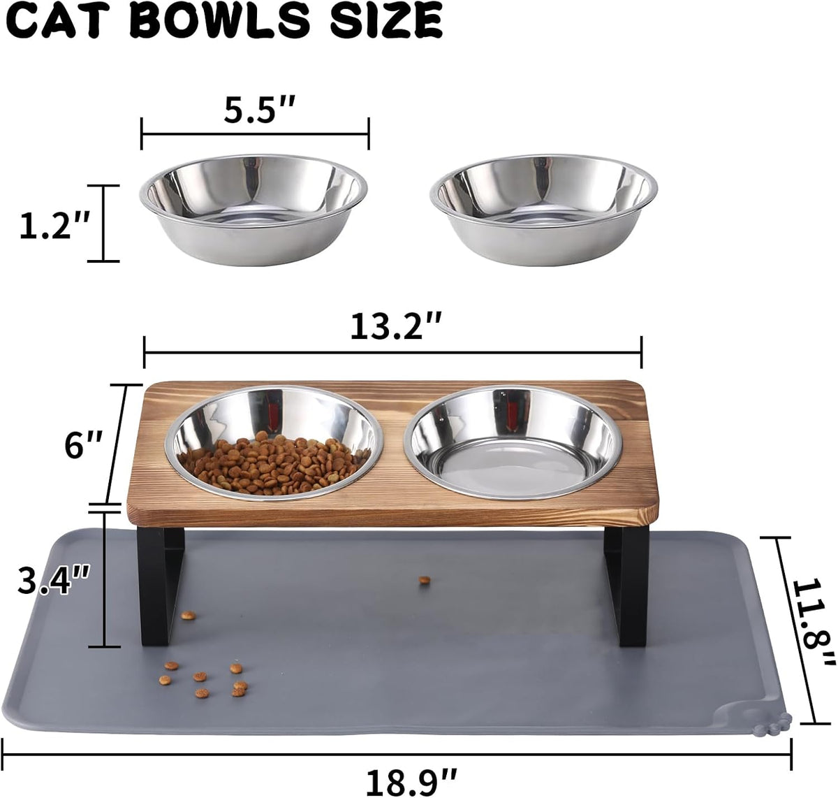 Upgraded Elevated Cat Bowls with Food Mat,15°Tilted Stand Anti Vomiting Raised Cat Dishes for Food and Water,2 Stainless Steel Bowls for Cats and Puppy（Rustic Brown）