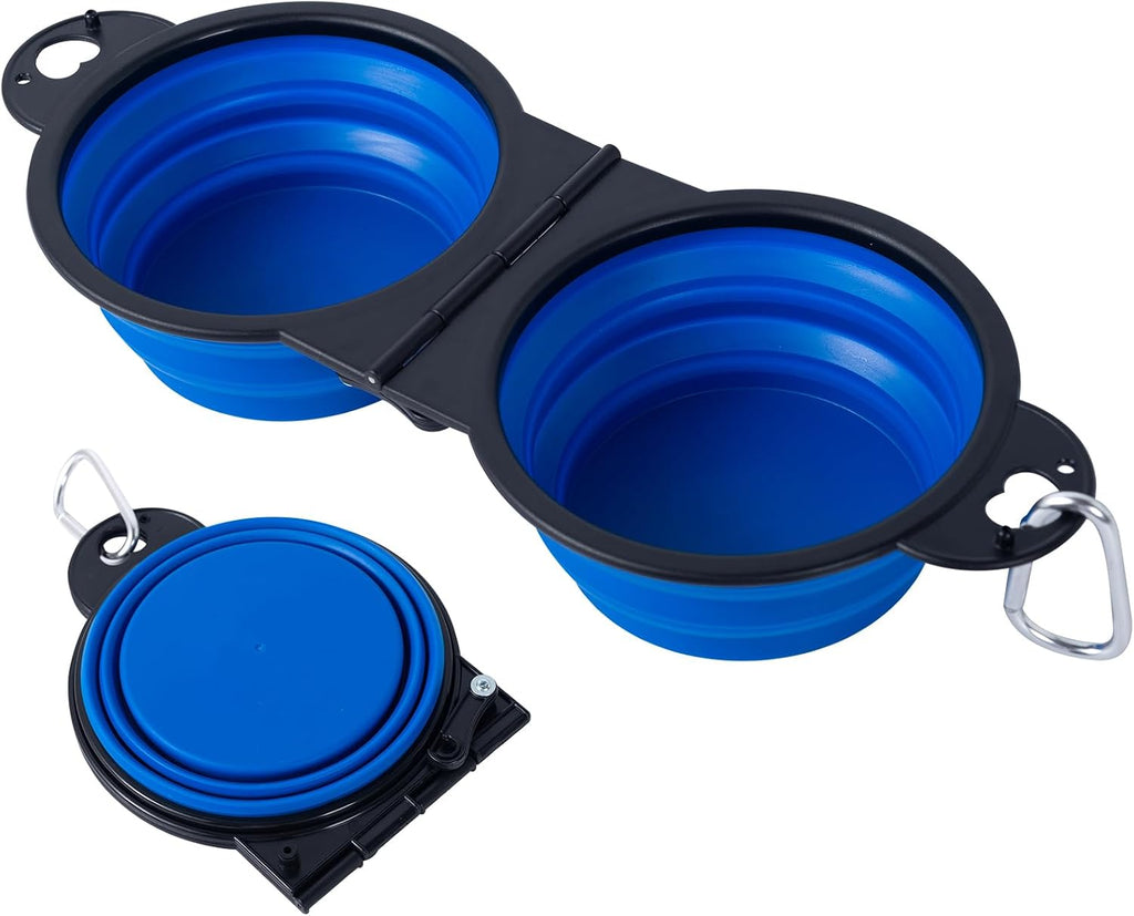 SLSON Collapsible Dog Dual Bowls Reinforced Rim 180 Degrees Flip Over Foldable Double Bowl with Lock Clips More Stable Dog Travel Bowls Pet Food Water Feeder (Blue)