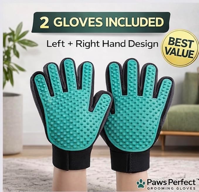 Pet Grooming Gloves for Dogs and Cats, 2 Pack Left and Right Hand Deshedding Gloves with Silicone Tips, Green