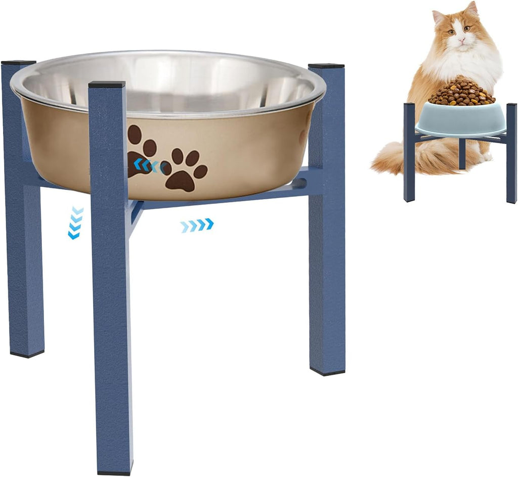 Elevated Cat Bowl Stand Good for Senior Cats Digestion Arthritis Relief - Adjustable Metal Feeder Riser, Fits 5.1-7.45” Round Bowls (No Bowls)（Blue）